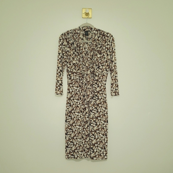 Y2k Retro Bodycon Midi Dress Medium Brown Tan Cowl Neck 3/4 Sleeve Office Career - Picture 1 of 12